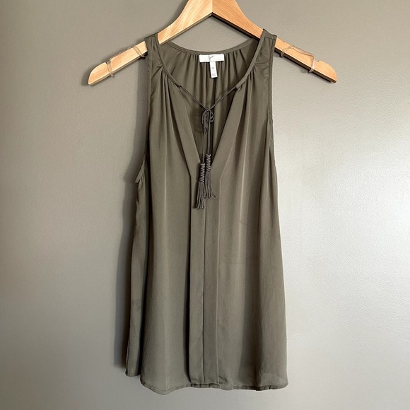 Joie Airlan Tank Top Sz XS Silk Tassel Sleeveless Blouse Olive Army Green Sheer - Picture 7 of 16